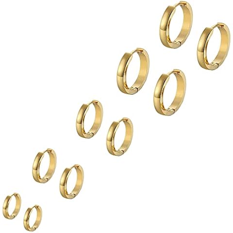 Bo Win 5 Pairs Surgical Steel Gold Hoop Earrings for Men Women Girls, Men Earrings Hoop Gold, Women Earrings Hoops, Gold Earrings for Men, Men Gold Hoop Earrings Set Huggie Hinged Piercing 8MM-16MM Cover