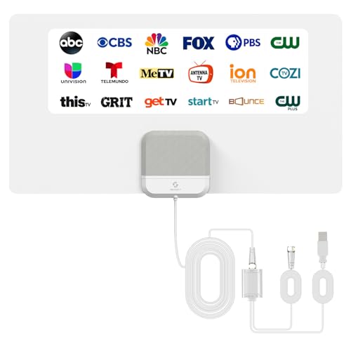 Antena de TV para interiores 2026, antena HDTV amplificada con recepción de 75 millas, cable de 16 pies, amplificador de señal USB, ATSC 3.0, Smart TV 4K 1080p, VHF UHF, ultra delgada, canales locales