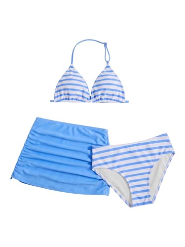 Image of RoseSeek Girl's 3 Piece Cute Bowknot Bathing Suit Halter Triangle High Waisted Swimsuit with Beach Cover Up Skirt