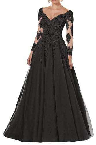 HUINI Spitzen Abendkleider Lang Vintage Ballkleider Brautmutterkleider A-Linie Hochzeitskleid Langarm Schwarz 46