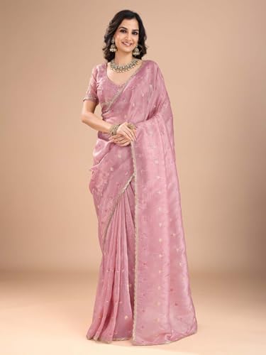 Image of AKHILAM Women's Organza Embroidered Sequins Work Saree With Unstitched Blouse Piece (RANI2501 RN Parent)