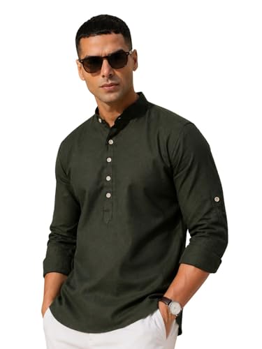 Image of Majestic Man Men's Pure Cotton Solid Mandarin Collar Slim Fit Roll-Up Sleeves Short Kurta Lightweight Summer Kurta for Daily & Occasion Use