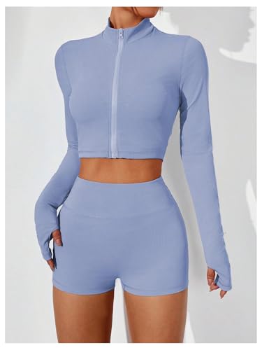 SweatyRocks Women's 3 Piece Workout Sets Tummy Control Biker Yoga Shorts Leggings Camisole with Jacket Tracksuit3