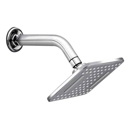Image of HOUZA Square Shower Head for Bathroom | 4 Inch Single Flow Overhead Shower with Arm | Slim Adjustable Bathroom Shower with Even Water Flow & Rust Resistant | Anti-Clog Silicone Nozzles
