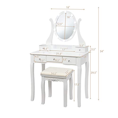 CHARMAID Vanity Table Set with Lighted Mirror, Makeup Dressing Table with 10 LED Lights, Touch Switch, 5 Drawers, Removable Organizer, 10 Dimmable Lights Makeup Table and Cushioned Stool Set (White)