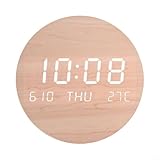 Feeshoppher Orologio da parete digitale a LED con sveglia silenziosa, visualizzazione della temperatura e della data e dell'ora, luce morbida, telaio in legno MDF, finitura in cotone e lino