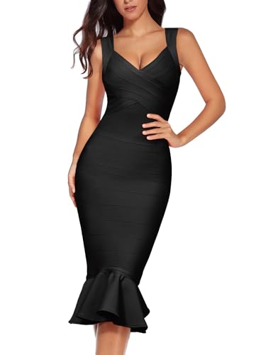 Madam Uniq Women Shoulder Strap Sleeveless Fishtail Midi Bandage Dress Bodycon Club Party Evening Wedding Guest Dresses