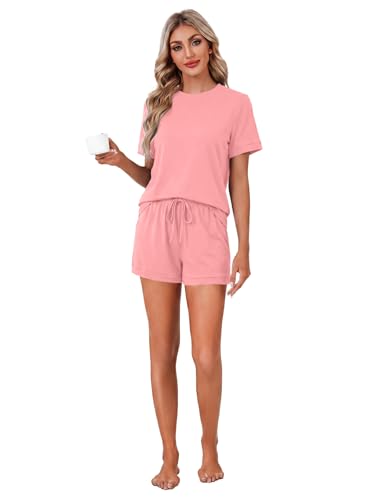 Image of LYANER Pajama Set for Women 2 Piece Lounge Set Striped Crew neck Short Sleeve Tops and Shorts Soft Sleepwear
