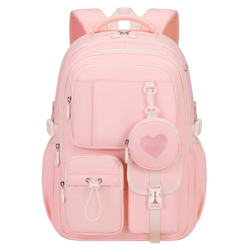 School Bags for Girls 14-16Girls School Backpack Large Capacity Travel Bag with Heart Pouch Water Repellent Pink and Purple (pink)