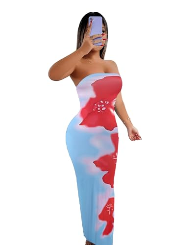 Image of Sliot Floral Print Strapless Bodycon Maxi Dress - Sexy Summer Beach Dress for Women, Tropical Vacation Sundress, Club Party