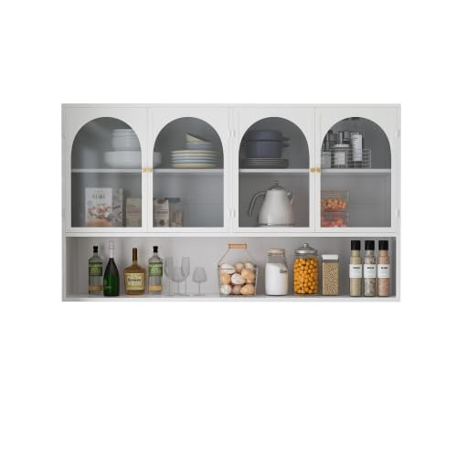 HAINEW Moderner Hängeschrank Küchenschrank Wandschrank mit 4 Glastüren, Metal und Glas Badschrank Sideboard Hängend Medizinschrank für Küche Bad, 120×23×70cm (Weiß)
