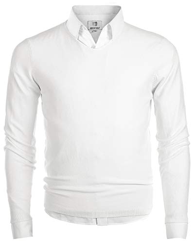 MOCOTONO Men's V-Neck Long Sleeve Pullover Casual Sweater White Large