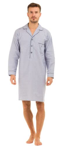 Classic Comfort Herr lyx traditionella långa ränder 100 % ren bomull nattskjorta pojkar vardaglig långärmad nattkläder daglig användning nattklänning mörkblå grå nyanser 3 knappar, Marinblå rand, L