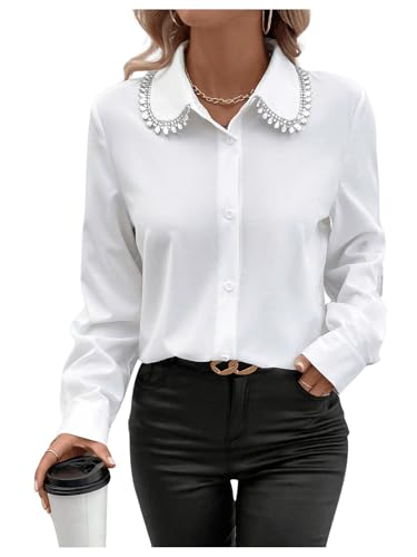 SweatyRocks Women's Long Sleeve Button Down Blouses Rhinestone Decor Work Tops