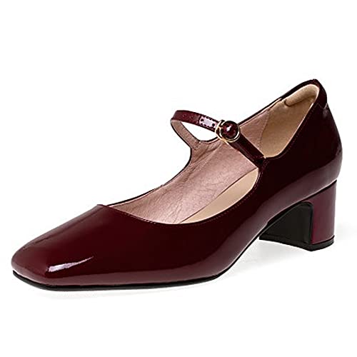 Lutalica W Mary Jane Escarpins rétro en cuir verni avec bout fermé et sangle de cheville pour femme, bordeaux, 38.5 EU