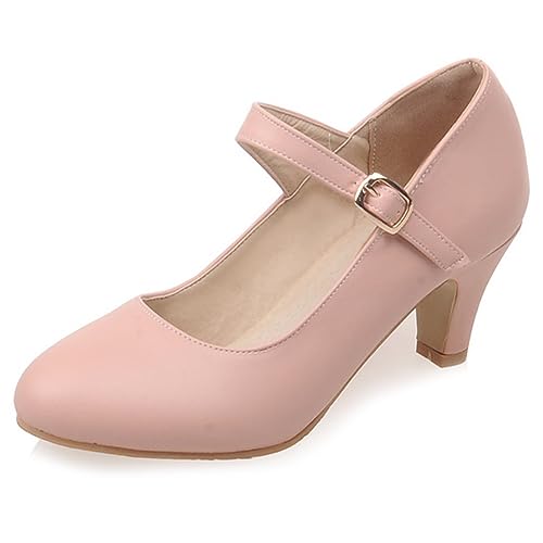 Diuniarza Women Low Block Heeled Mary Jane Pumps Prom Shoes Ankle Strap Kitten Heels Closed Toe Bridal Fashion Dress Shoes Pink Size 4.5 UK/38