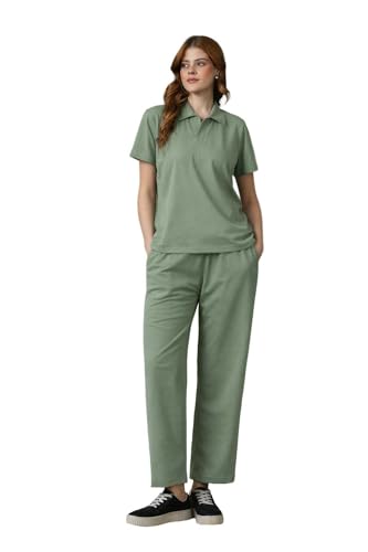 Image of Kvetoo Women Solid Tracksuit Set Cotton Lounge Wear Set Half Sleeve Polo T-Shirt & Straight Pant Casual Travel Outfit
