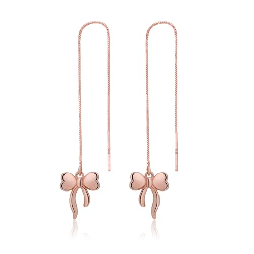 Meissa Sterling Silver Threader Chain Dangle Earrings for Women Girls Comfortable Hypoallergenic Bow Silver Earrings Rose Gold Plated Chain Earrings, Rose Gold