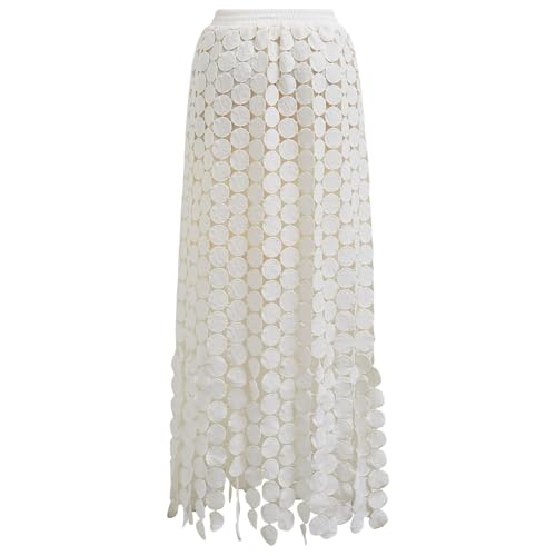 CHICWISH Women Summer Crochet Circle Fringe Hem Maxi Skirt Hollow Out High Elastic Waist Vacation Beach Long Skirt2