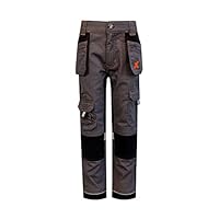 Xpert - PRO Junior Stretch Boys Work Trouser. Tapered Fit Combat Cargo Pants for Boys with Stretch Panels, Multi Utility Pockets, Elasticated Waist and Hi Viz Detailing (11-12 Years) Grey/Black