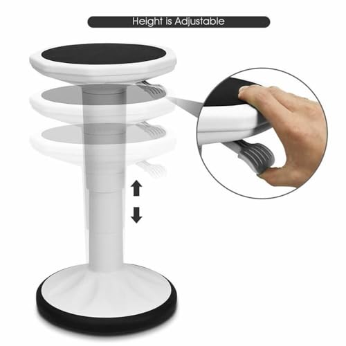 Image of Pemberly Row Contemporary Plastic Wobble Sitting Stool, Adjustable Height 16.5-23 in, White Finish with Silicone Cover, Ergonomic Design for Balance and Core Strength, Compact Stool for Home, Office,