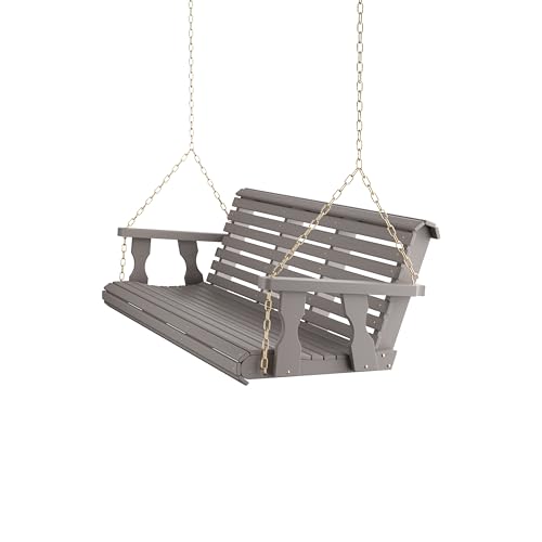 Image of Amish Casual Heavy Duty 700 Lb Capacity Porch Swing (6 Foot, Semi-Solid Gray Stain) - Wooden Outdoor Roll Back Swing with Hanging Chains - Amish Made in the USA