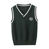 School Uniform Sweater Vest for Boys Girls V Neck White Trim Color Block Sleeveless Knitted Pollover (Green, 3-4 Years)