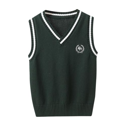 School Uniform Sweater Vest for Boys Girls V Neck White Trim Color Block Sleeveless Knitted Pollover (Green, 3-4 Years)