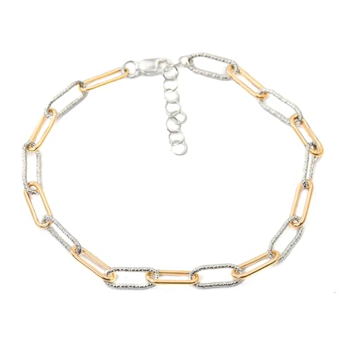 Chunky Paperclip Chain Bracelet with Sparkle Silver Links and 14K Gold Filled Smooth Links for Women, Adjustable Size Small/Medium & Medium/Large, Silver & Gold Link Bracelet (Two-Tone, S/M)