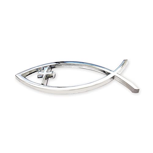 Image of Jesus Fish Christian Car Decals - Chrome Sliver Fish Emblem for Car Truck Badge Bumper Stickers (Cross)