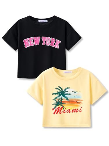Image of Stylish Graffiti /Butterfly Graphic Crop Top for Girls -Cool Summer T-Shirt Soft Colorful 2-Pack Tees Size 6-18
