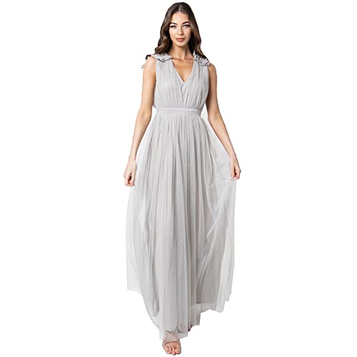 Maya Deluxe Maxivestido con Detalle de Volantes en los Hombros Vestido de Dama de Honor, Gris Suave, 38 para Mujer