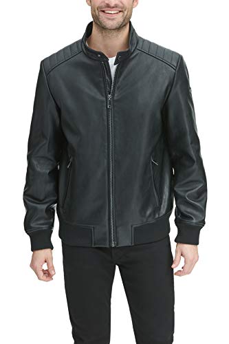 DKNY Men's Darren Faux Leather Racer Bomber Jacket, Black, LG