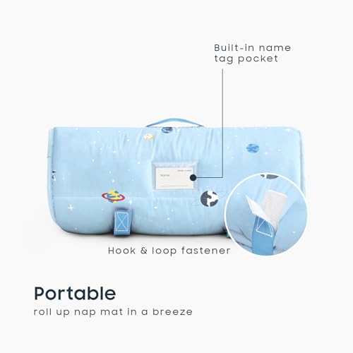 Image of Wake In Cloud - Toddler Nap Mat with Pillow and Blanket, 100% Cotton Fabric, for Kids Boys Ages 3 Plus in Daycare Kindergarten Preschool, Roll Up Sleeping Bag, Galaxy Spaces
