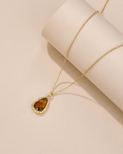 18K Gold Plated Brown Amber Teardrop CZ Stacked Pendant Necklace for Women by SNGIA, Dainty Drop Layered Trendy Gemstone Charm Statement Jewelry Gifts, Bohemian Vintage Handmade Unique Exaggerated Cute Thin Skinny Chain Necklace, Summer Beach Fashion Nickle Free Rhinestone Accessories3
