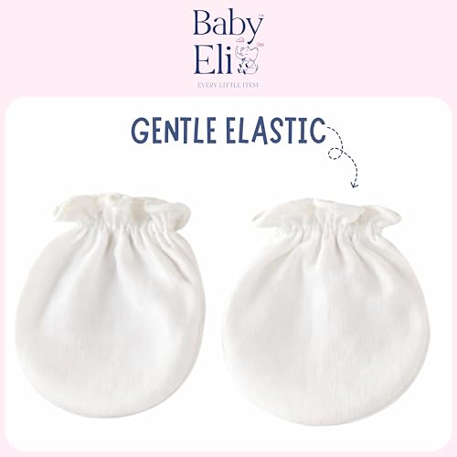 Image of Baby Eli Cotton Newborn Mittens (Picot Wrist) Set of 6 for Baby Boys & Girls 0-6 Months | Soft and Cozy Unisex Infant Gloves | Assorted Baby Hand Gloves | Adjustable Scratch Protection