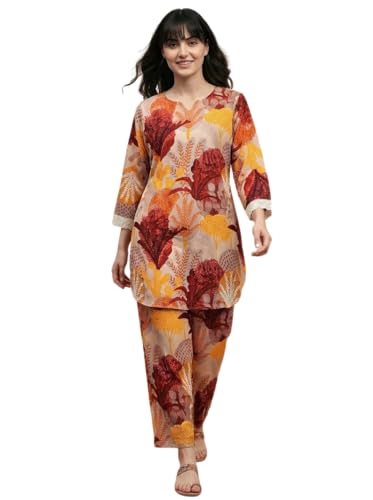 Image of Bee M Pee Designer Trendy Floral Printed Poly Rayon Cotton Kurta Coord Sets for Women | Stylish Casual Kurti Tunic Cord Set with Pant for Woman for Office