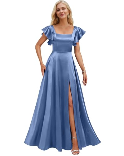 Image of IIF Short Sleeve Bridesmaid Dresses with Pockets Square Neck A-Line Satin Prom Gown Dress for Women with Slit IIF134