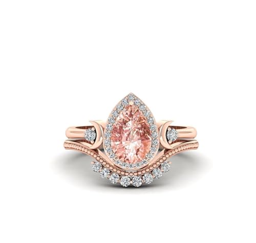 Pear-Cut Morganite Engagement Ring, Rose Gold, Diamond Halo, Vintage-Style Wedding Band Set3