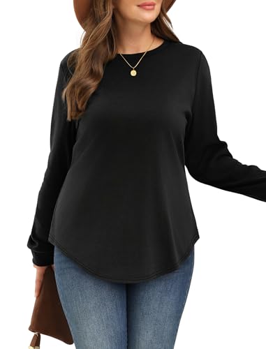 Image of WIHOLL Sweatshirt for Women Crewneck Long Sleeve Shirts Curved Hem Lightweight Sweaters Fall Clothes 2025