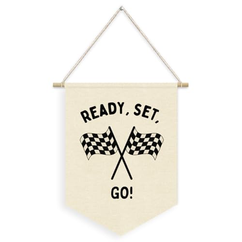 Dilemat Race Car Room Decor for Boys Linen Pennant Banner - Ready Set Go Racing Pennant Flag Banner Wall Hanging Decor for Car Room Decor for Boys Playroom Nursery