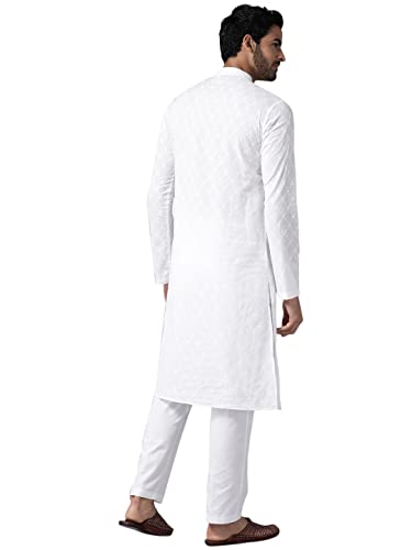 Image of See Designs Mens Kurta |White Cotton Embroidered Kurta With Pajama Set Mandarin Collar Long Sleeves Chikankari Kurta