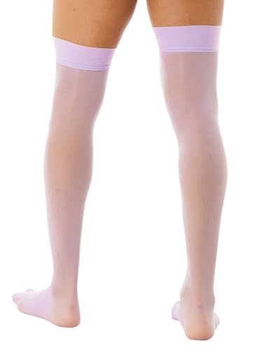 Men's Glossy See-through Stockings Thin Shiny Solid Color Stretchy Sheer Thigh High Socks Lavender One Size4