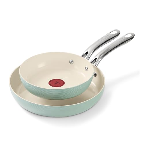 Image of T-Fal Inspire Ceramic Nonstick Frying Pan 2-Pc Set, 8" & 10", Oven Broiler Safe up to 50°F Cookware, Ceramic Frying Pan Skillet, Pots & Pans, Mint Green