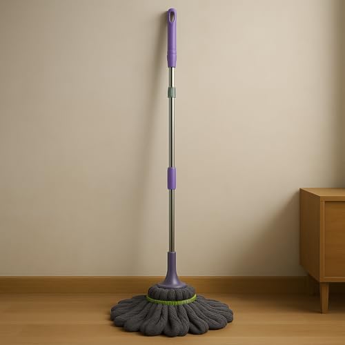Image of Cotton Self-Wringing Twist Mop with Extendable Telescopic Handle, Multicolor, Silicone Head, 120cm Height, for Tile, Hardwood, Laminate