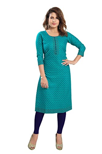 Image of DARIKA Colour Kalamkari Print Kurti for Women in Pine Cotton Plus Size & Small Size.