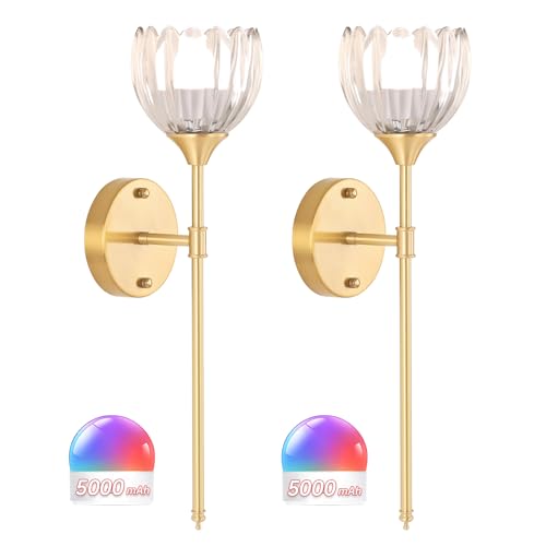 Image of Shenmoyl Battery Operated Wall Sconce Set of 2, Clear Tulip Vintage Wall Light Fixture Rechargeable 5000mAh Battery Powered Wall Lamp with Remote for Living Room Bathroom