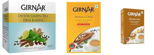 Image of Pink Delight Girnar Detox Green Tea Desi Kahwa + Instant Premix with Masala + Instant premix with Ginger | 10 Sachets of each pack | Pack of 3 | 250 Gm approx.
