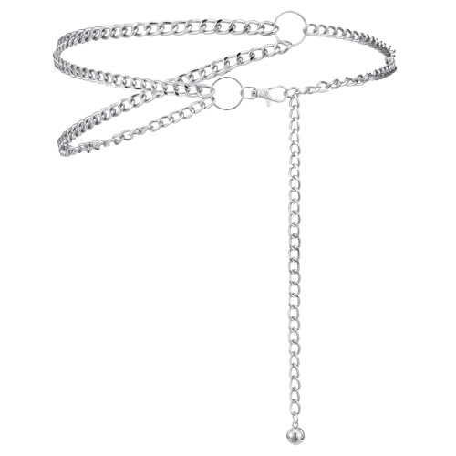 Silver Waist Chain Belt for Women, Fashion Plus Size Waist Chain Belt Western Multilayer Decorative Link Belt Adjustable Metal Cowgirl Belt Waistband for Women Dress