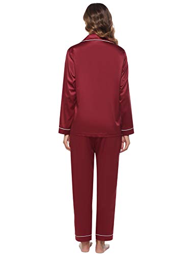 Aibrou Women's Satin Pajamas Set Long Sleeve and Long Button-Down Sleepwear Loungewear Red